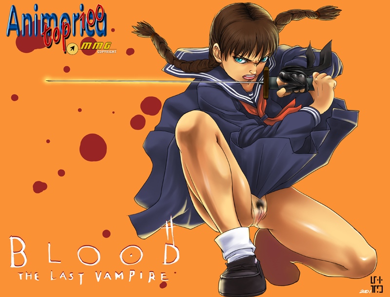 saya (blood the last vampire), blood the last vampire, 00s, 1girl, black hair, female focus, katana, long hair, no panties, pussy, school uniform, serafuku, skirt, solo, sword, uncensored, upskirt, weapon