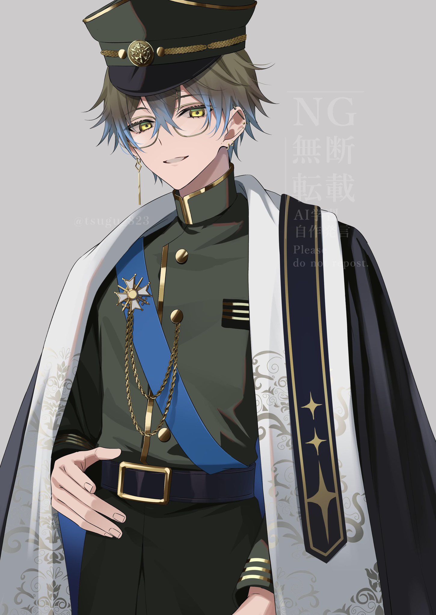 tsugu (tsugu 823), ike eveland, nijisanji, nijisanji en, highres, 1boy, alternate costume, black hat, black shirt, blue sash, brooch, brown hair, coat, coat on shoulders, cowboy shot, ear piercing, earrings, glasses, gradient hair, grey background, hair between eyes, hat, jewelry, looking at viewer, male focus, multicolored hair, open clothes, open coat, parted lips, peaked cap, piercing, sash, shirt, shirt tucked in, short hair, simple background, smile, solo, virtual youtuber, yellow eyes