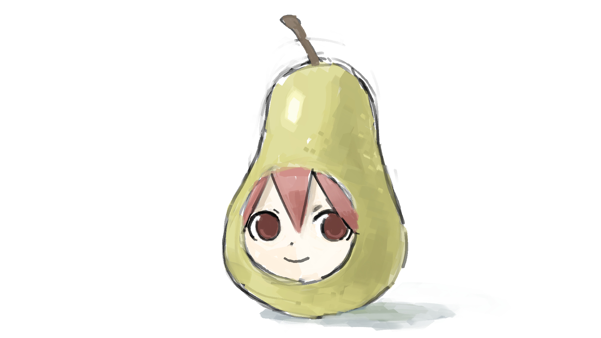 tsukumizu yuu, kasane teto, pearto, utau, highres, 1girl, closed mouth, food, fruit, looking at viewer, pear, red eyes, red hair, simple background, smile, white background