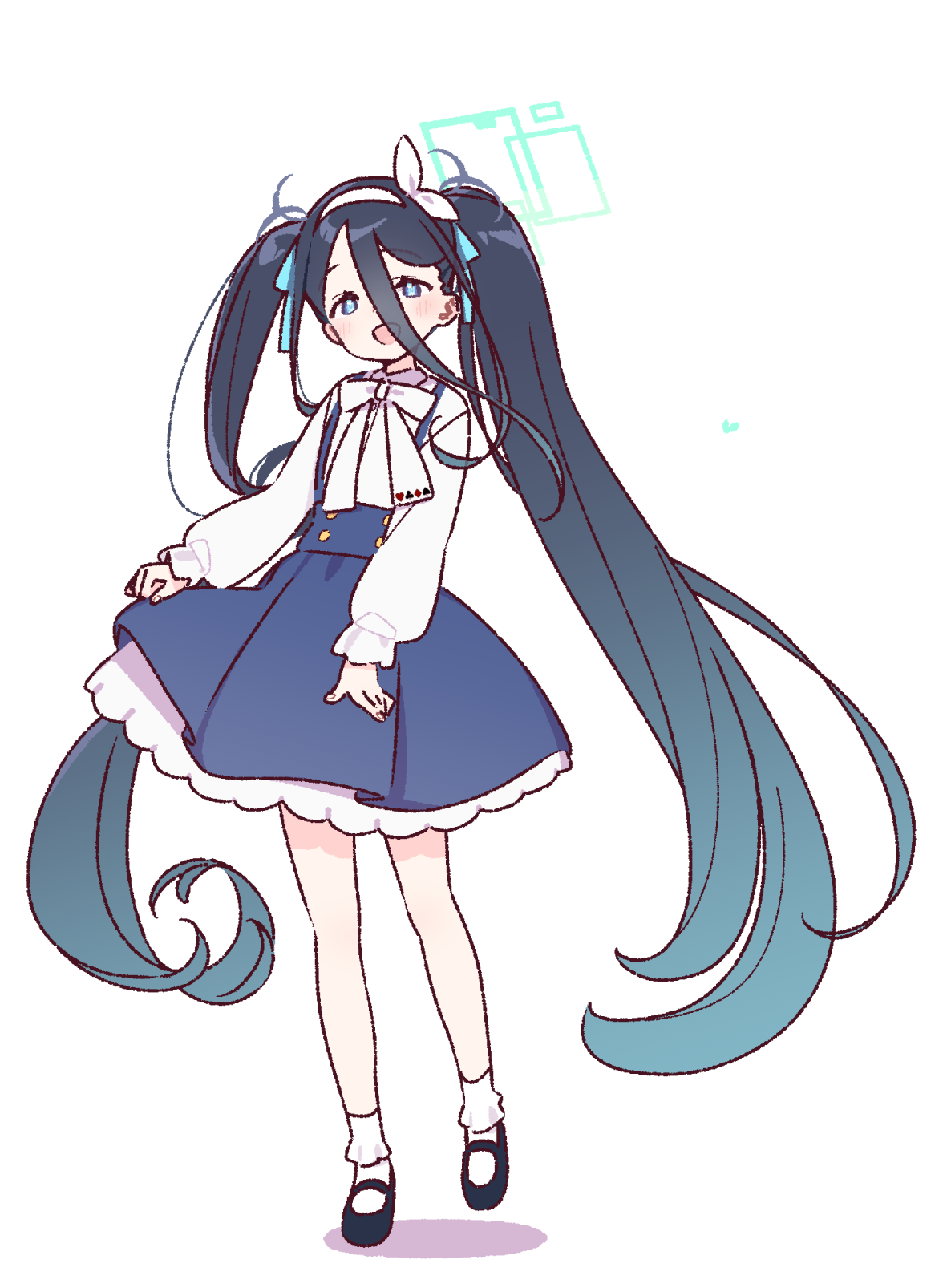 yoru nai, aris (blue archive), blue archive, commentary request, highres, 1girl, :d, alternate costume, alternate hairstyle, black hair, black shoes, blue eyes, blue ribbon, blue skirt, blush, bow, bow hairband, bowtie, collared shirt, frilled skirt, frills, full body, green halo, hair between eyes, hair ribbon, hairband, halo, long hair, long hair between eyes, long sleeves, looking at viewer, mary janes, open mouth, rectangular halo, ribbon, shirt, shoes, simple background, skirt, smile, socks, solo, standing, suspender skirt, suspenders, twintails, very long hair, white background, white bow, white bowtie, white hairband, white shirt, white socks
