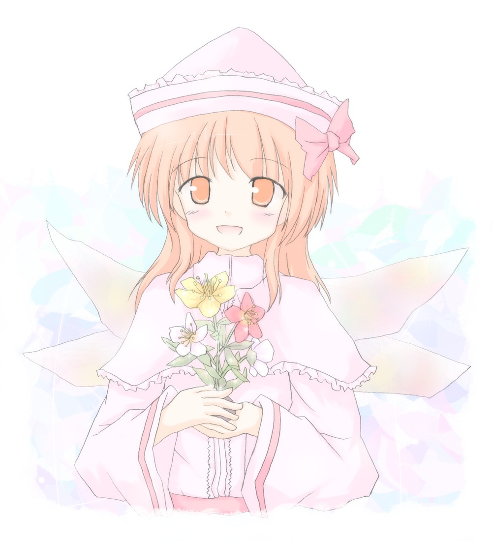 lzh, lily white, touhou, 1girl, female focus, flower, gradient background, hat, pale color, plant, solo, upper body, white background, wings