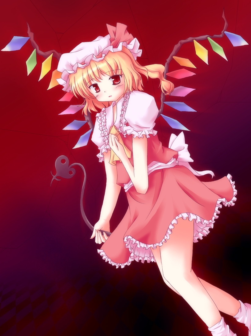 lzh, flandre scarlet, touhou, eyebrows, 1girl, ascot, blonde hair, crack, female focus, frilled skirt, frills, hat, laevatein, mob cap, puffy short sleeves, puffy sleeves, red eyes, red skirt, red theme, short sleeves, side ponytail, skirt, skirt set, socks, solo, vest, white socks, wings