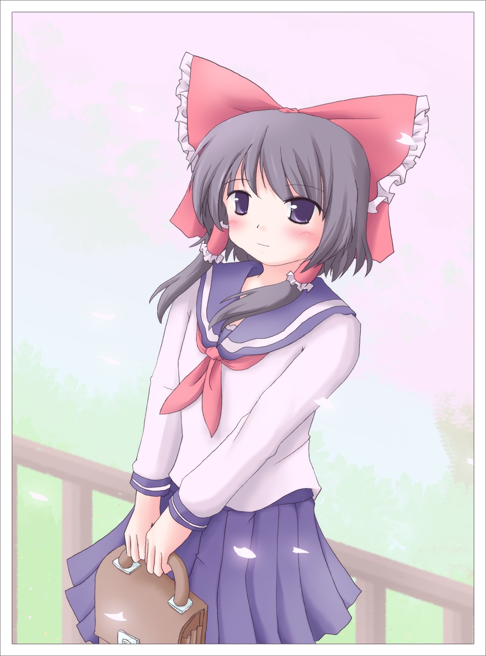 lzh, hakurei reimu, touhou, highres, 1girl, alternate costume, female focus, hair tubes, school uniform, serafuku, solo