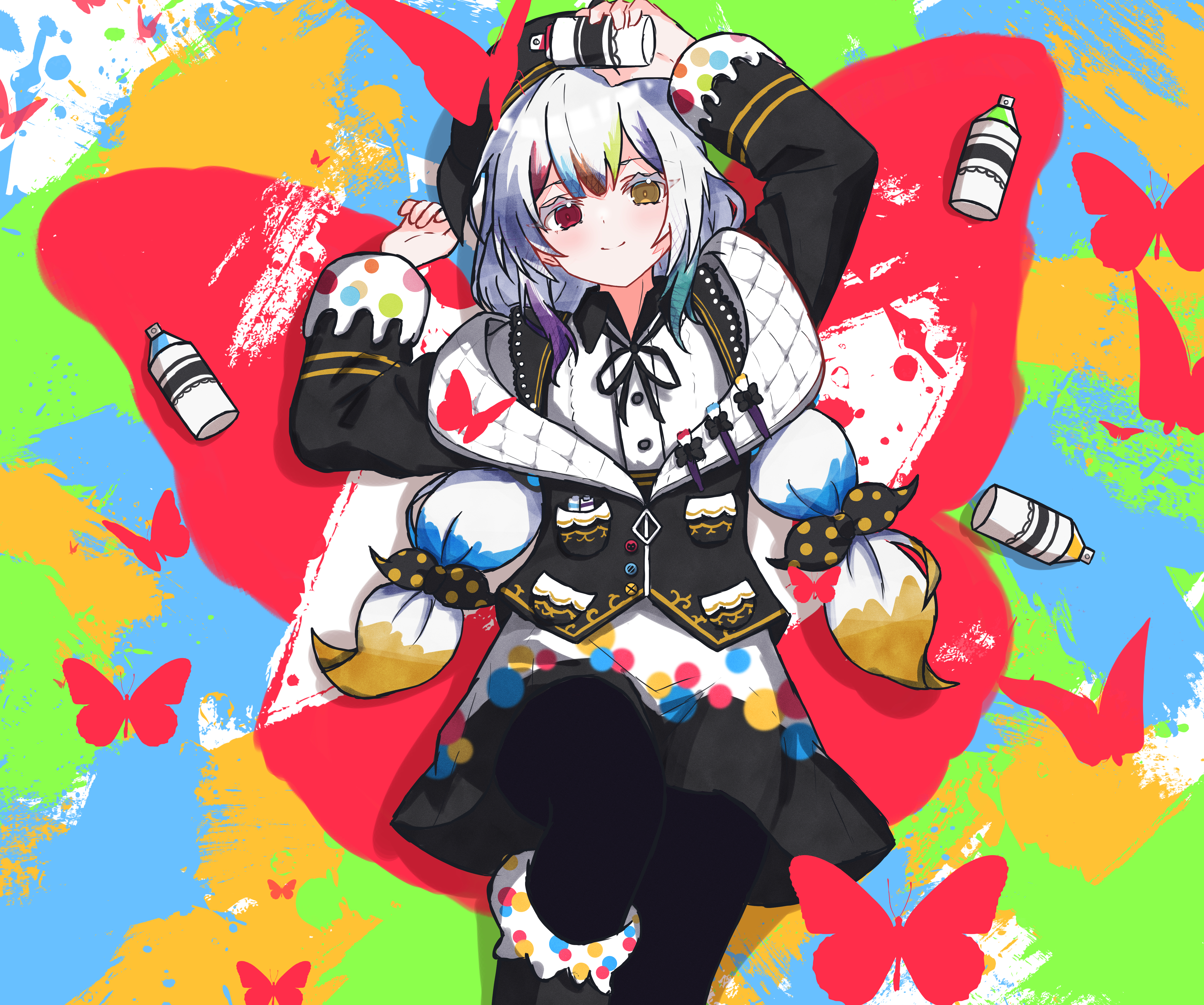 noir (noire6959), jougasaki noa, mahou shoujo no majo saiban, absurdres, commentary request, highres, 1girl, arms up, black jacket, black pantyhose, bug, butterfly, closed mouth, heterochromia, holding, holding spray can, insect, jacket, long hair, long sleeves, magical girl, multi-tied hair, neck ribbon, paint splatter, pantyhose, red eyes, ribbon, shirt, skirt, smile, solo, spray can, white hair, white shirt, white skirt, yellow eyes