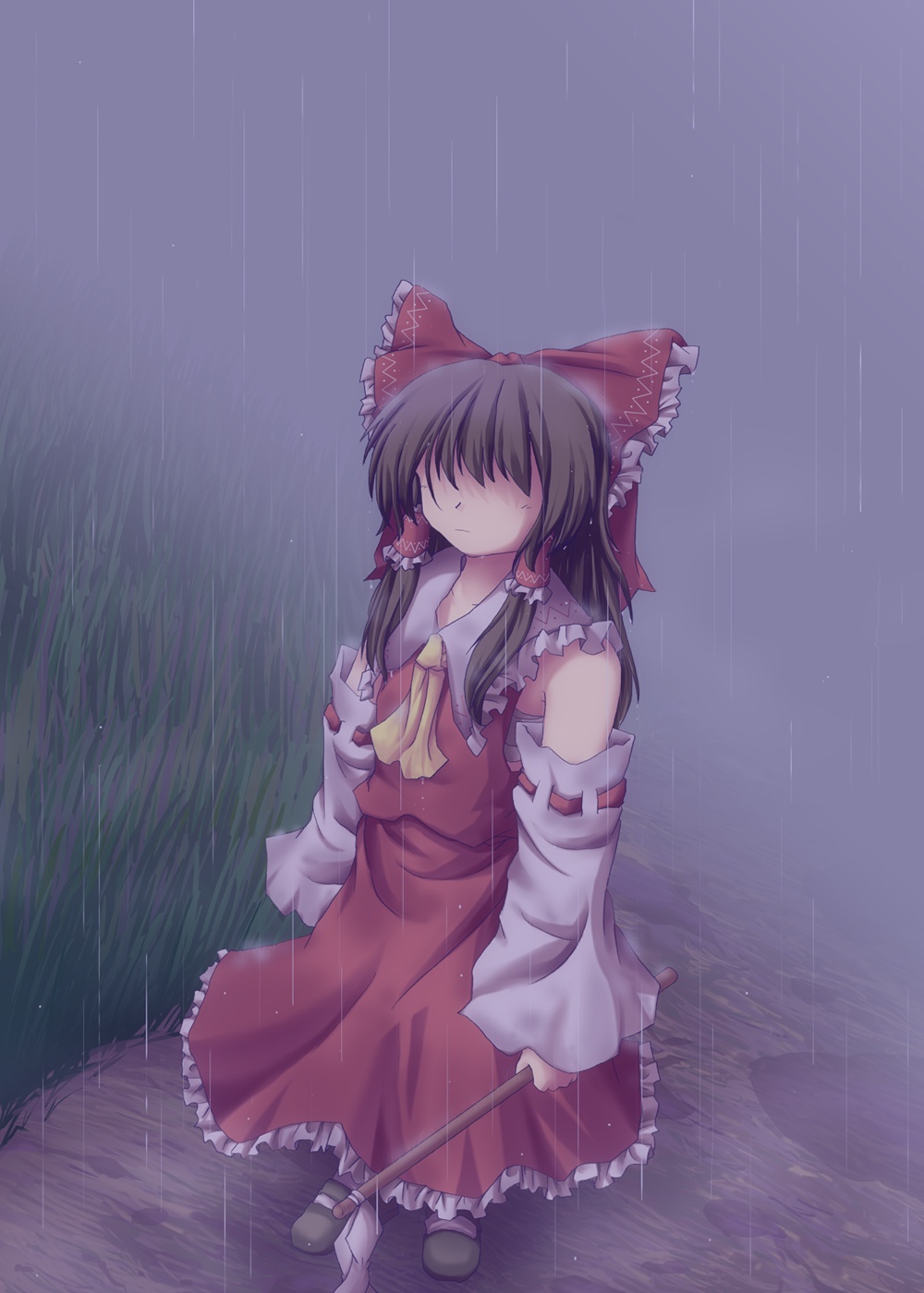lzh, hakurei reimu, touhou, highres, 1girl, female focus, nature, outdoors, plant, rain, solo