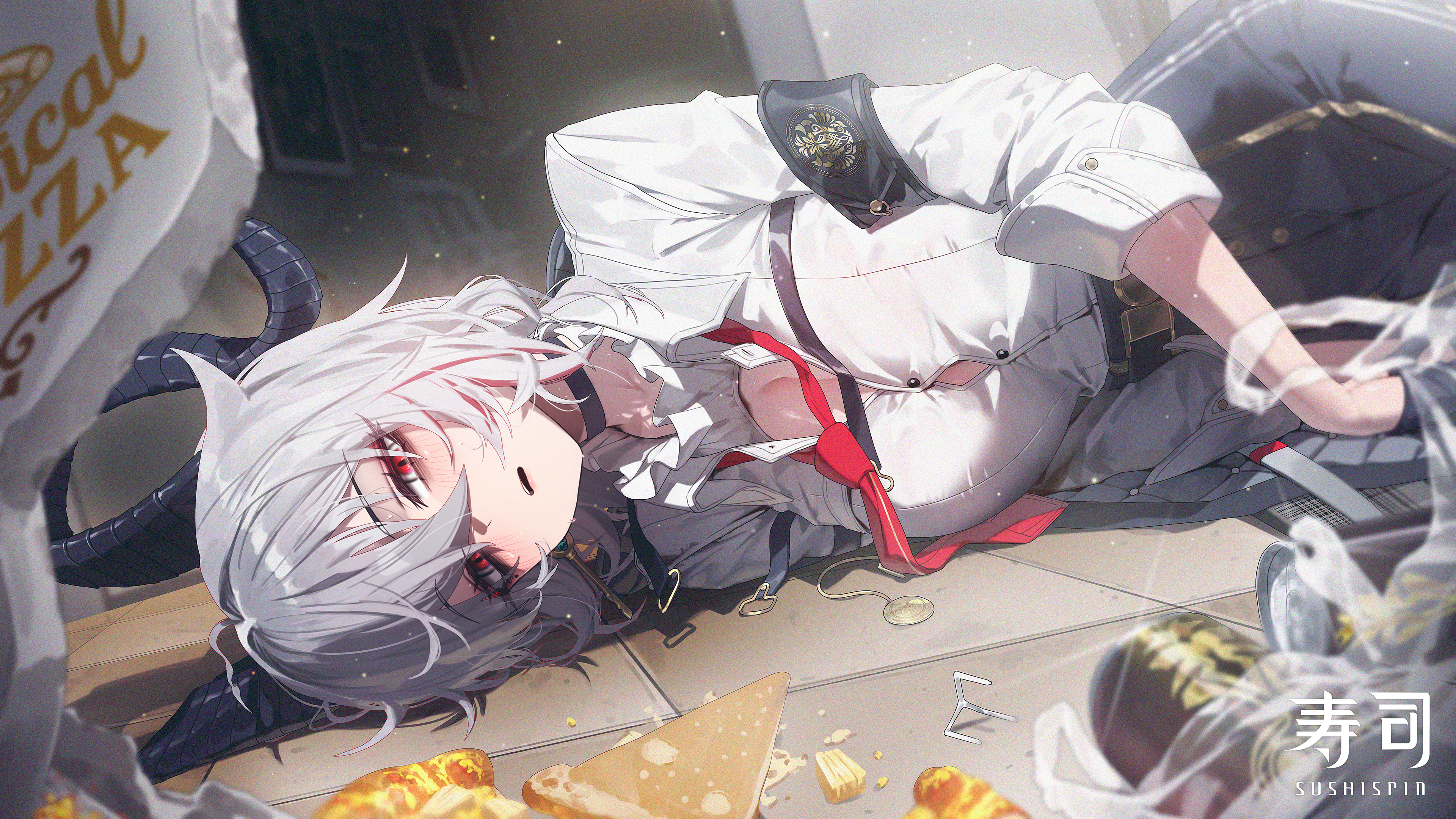 sushispin, zani (wuthering waves), wuthering waves, absurdres, commentary request, highres, partial commentary, 1girl, armband, artist name, black armband, black choker, black gloves, black horns, black pants, breasts, button gap, can, chest harness, choker, collared shirt, curled horns, drink can, food, fruit, gloves, hair between eyes, harness, horns, large breasts, long hair, looking at viewer, loose necktie, lying, multicolored hair, necktie, on side, pants, parted lips, pineapple, pineapple slice, pizza, pizza box, red eyes, red necktie, shirt, solo, spill, streaked hair, white shirt