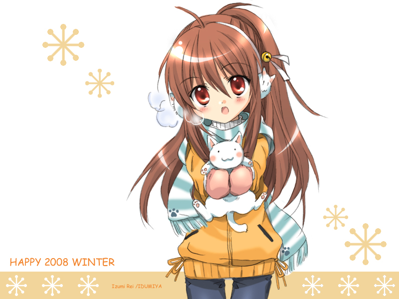 izumi rei, lennon, natsume rin, little busters!, 00s, 1girl, 2008, artist name, bell, brown hair, cat, cowboy shot, earmuffs, female focus, hair bell, hair ornament, jingle bell, long hair, looking at viewer, mittens, open mouth, red eyes, scarf, solo, striped clothes, striped scarf
