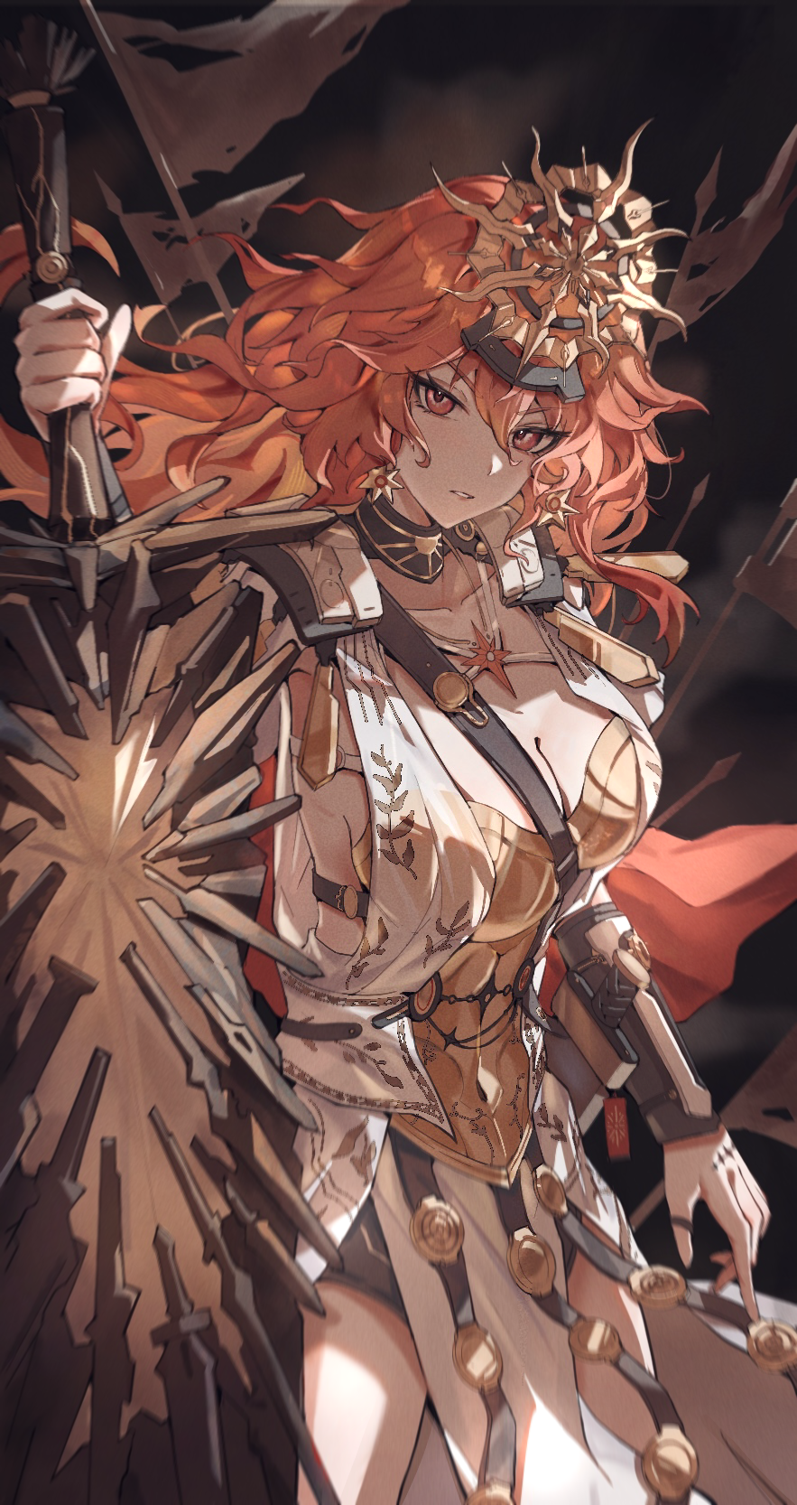 drone (drone 37), augusta (wuthering waves), wuthering waves, commentary, highres, 1girl, ancient greek clothes, arm armor, armor, breastplate, breasts, cleavage, collarbone, cowboy shot, dress, earrings, greatsword, greco-roman clothes, hair between eyes, headgear, holding, holding sword, holding weapon, jewelry, long hair, looking at viewer, medium breasts, necklace, orange hair, parted lips, red eyes, solo, sun earrings, sword, weapon, white dress