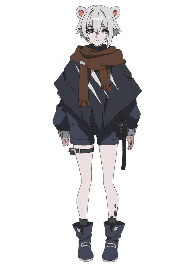 takafuji aya, misha (arknights), arknights, official art, 1girl, animal ears, anime coloring, bag, bear ears, belt, black bag, black poncho, black socks, blue boots, blue eyes, blue jacket, blue shorts, bob cut, boots, brown scarf, closed mouth, flipped hair, full body, grey hair, hair between eyes, jacket, long sleeves, looking at viewer, poncho, scarf, short hair, short shorts, shorts, shoulder bag, simple background, single sidelock, socks, solo, standing, tachi-e, thigh belt, thigh strap, thighs, transparent background