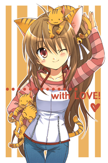 izumi rei, natsume rin, little busters!, 1girl, ;), animal ears, brown hair, cat, cat ears, cat tail, english text, female focus, heart, kemonomimi mode, long hair, one eye closed, red eyes, smile, solo, striped background, tail