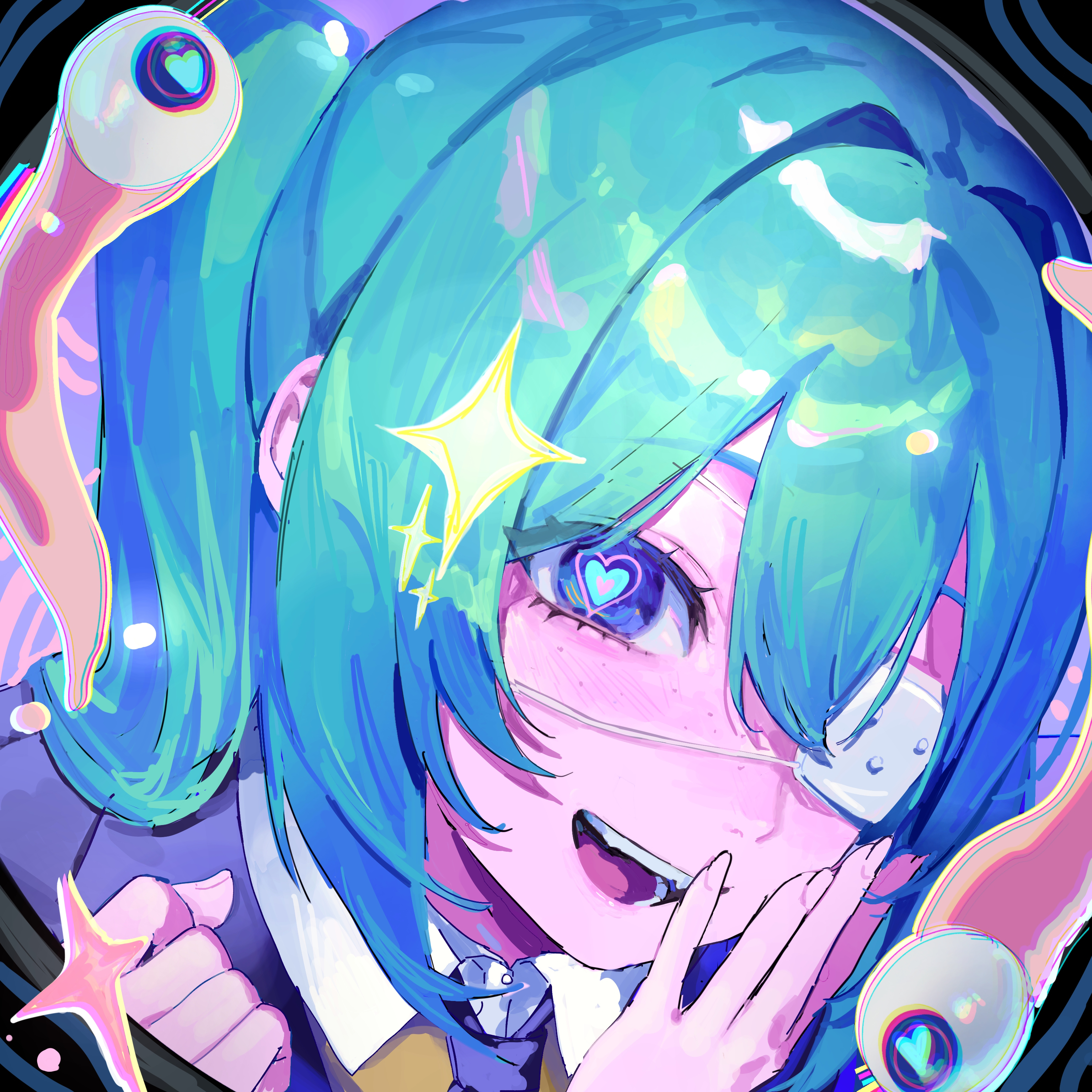 kani samurai, hatsune miku, monitoring (vocaloid), vocaloid, absurdres, commentary request, highres, 1girl, :d, abstract background, aegyo sal, aqua hair, black jacket, black mouth, black necktie, blue eyes, bright pupils, brown shirt, chromatic aberration, clenched hand, collared shirt, colored skin, contrast collar, double-parted bangs, eyeball, eyepatch, fingernails, freckles, from above, hair between eyes, hair intakes, hand on own cheek, hand on own face, hands up, heart, heart-shaped pupils, jacket, long hair, looking at viewer, medical eyepatch, necktie, one eye covered, open mouth, pink background, pink skin, portrait, pov peephole, purple background, raised eyebrows, shirt, simple background, smile, solo, sparkle, symbol-shaped pupils, teeth, tongue, twintails, two-tone background