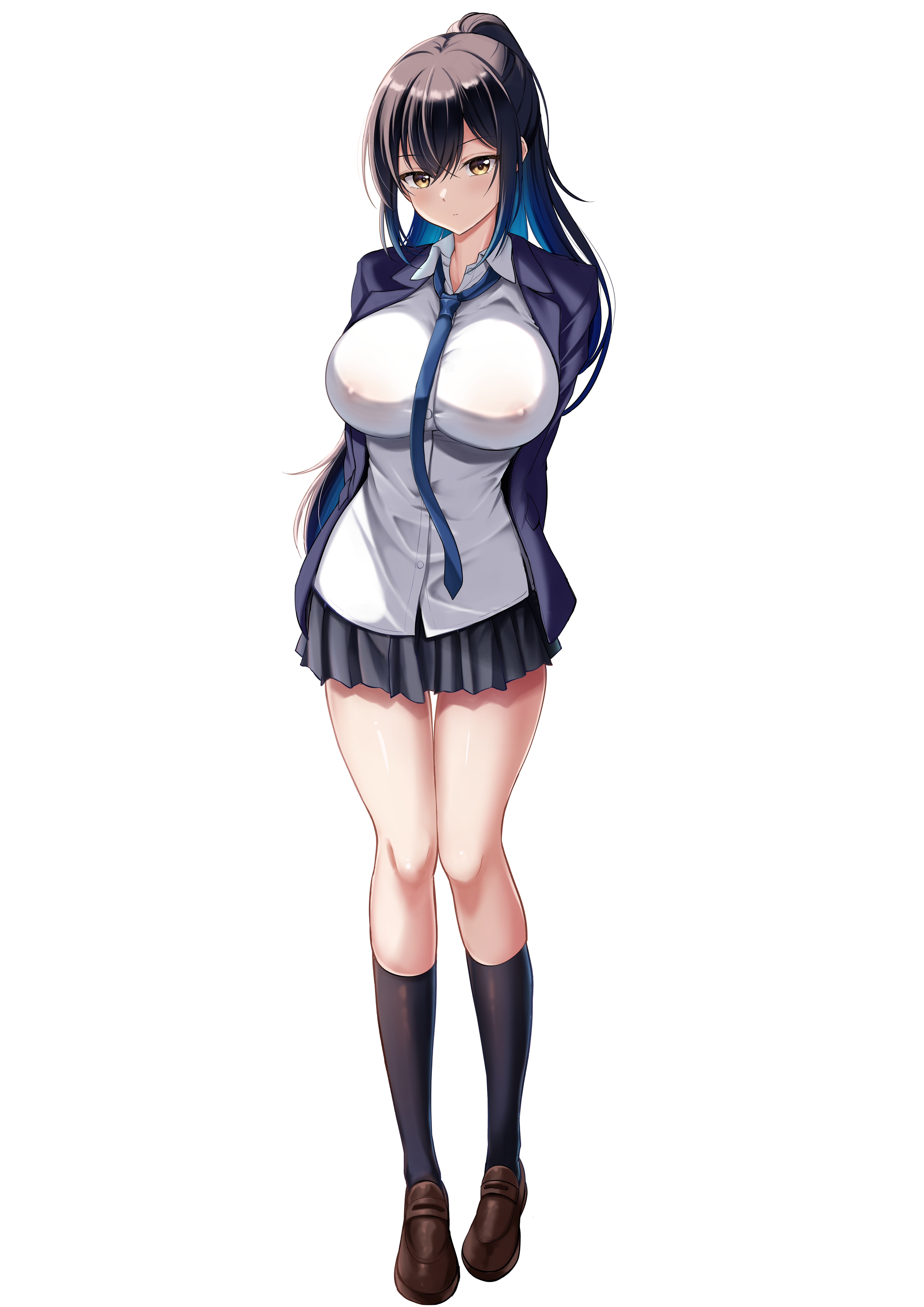 ryopa, original, absurdres, commentary request, highres, 1girl, arms behind back, black hair, black jacket, black skirt, black socks, blue necktie, breasts, brown shoes, closed mouth, collared shirt, covered erect nipples, full body, jacket, kneehighs, large breasts, loafers, long hair, looking at viewer, miniskirt, necktie, no bra, open clothes, open jacket, pleated skirt, ponytail, school uniform, see-through clothes, see-through shirt, shirt, shoes, simple background, skirt, socks, solo, tachi-e, white background, white shirt, yellow eyes