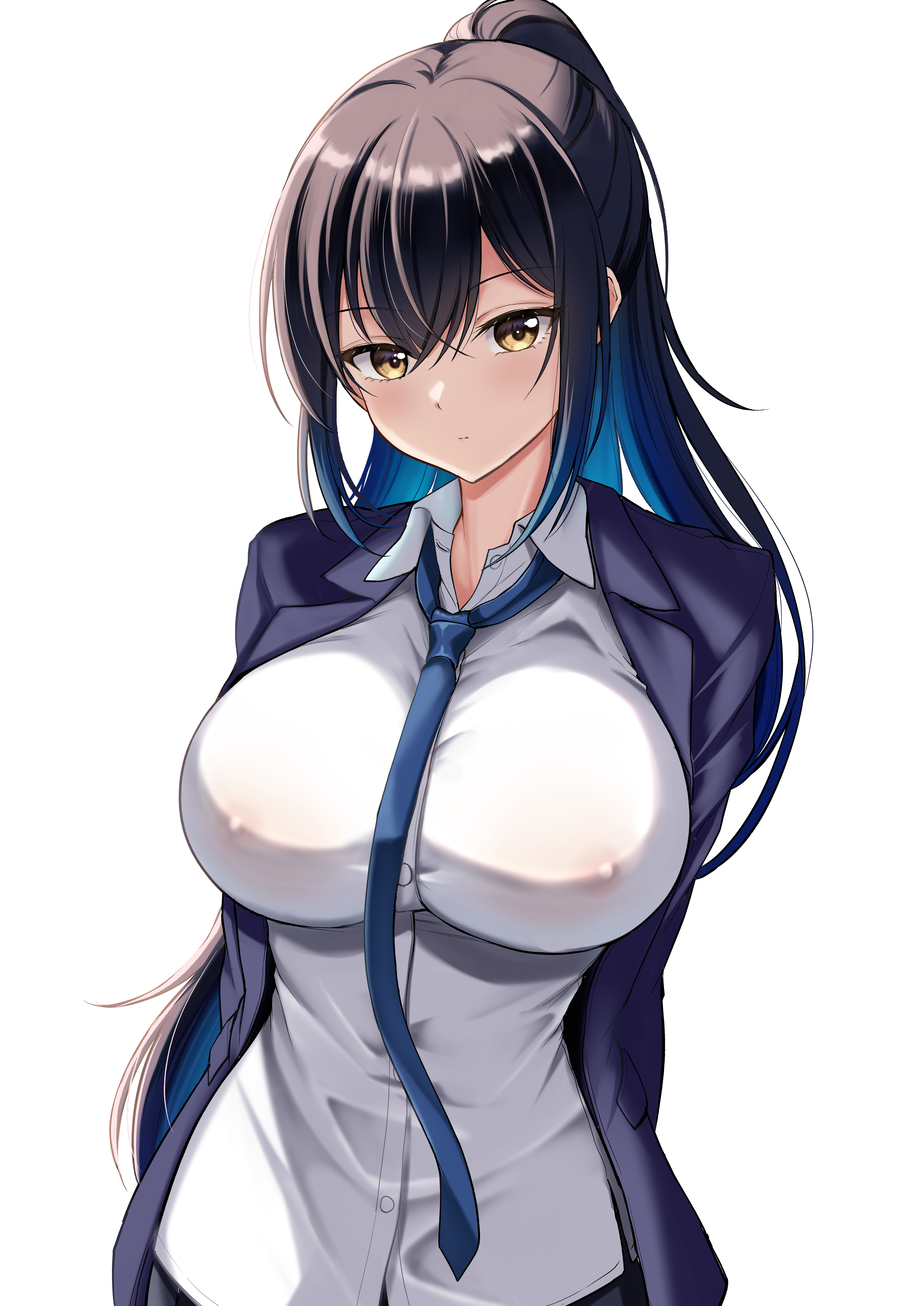 ryopa, original, absurdres, commentary request, highres, 1girl, arms behind back, black hair, black jacket, blue necktie, breasts, closed mouth, collared shirt, covered erect nipples, jacket, large breasts, long hair, looking at viewer, necktie, no bra, open clothes, open jacket, ponytail, school uniform, see-through clothes, see-through shirt, shirt, simple background, solo, tachi-e, upper body, white background, white shirt, yellow eyes
