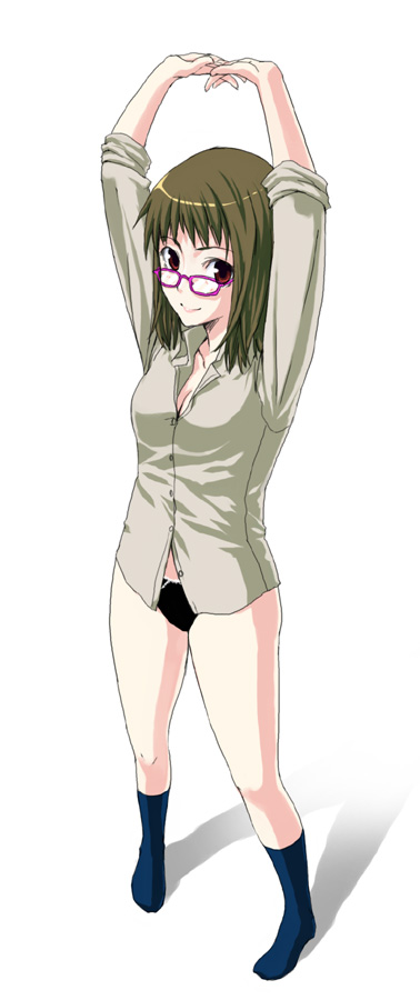 unasaka ryou, original, full body, glasses, panties, pigeon-toed, solo, standing, stretching, underwear