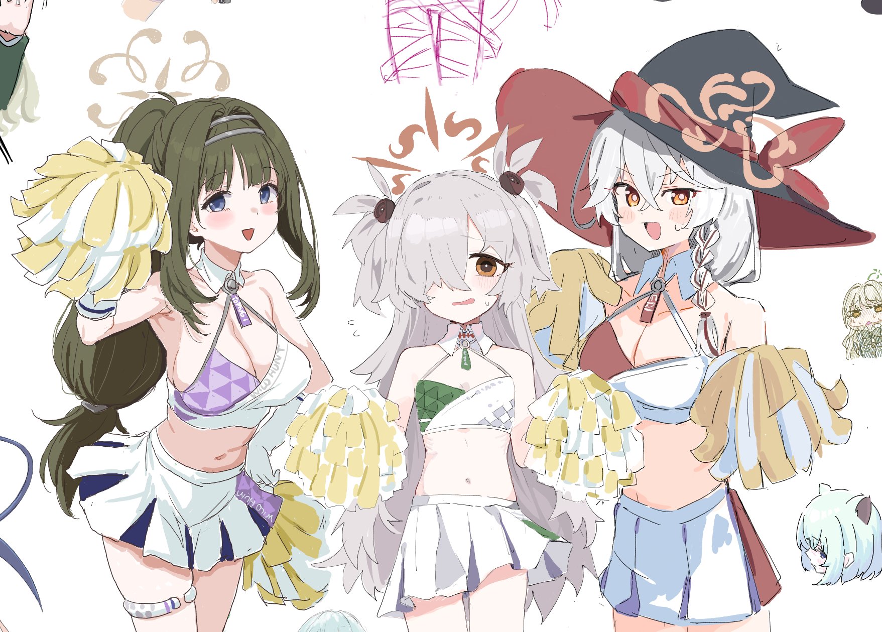 youbi (0ver sd), eri (blue archive), kanoe (blue archive), shigure (blue archive), tsumugi (blue archive), blue archive, highres, 5girls, alternate costume, alternate hairstyle, bare shoulders, breasts, brown eyes, cheerleader, green hair, grey hair, halo, large breasts, long hair, looking at viewer, millennium cheerleader outfit (blue archive), miyo (blue archive), multiple girls, navel, pom pom (cheerleading), purple eyes, white hair, yellow eyes