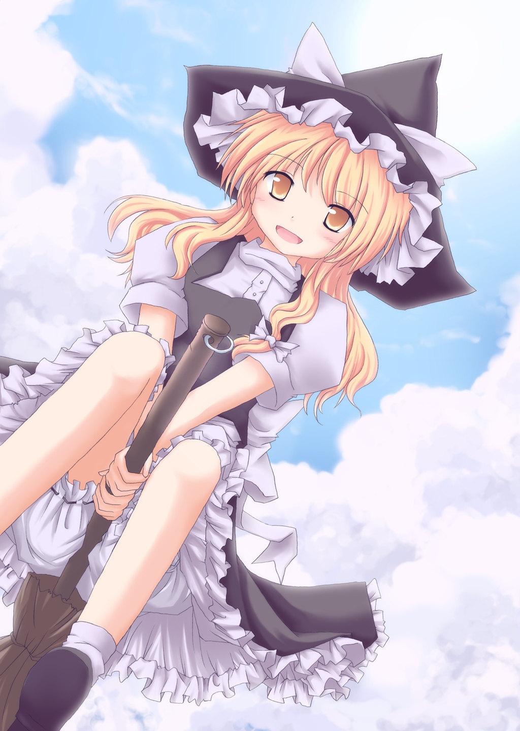 lzh, kirisame marisa, touhou, highres, 1girl, blonde hair, bloomers, broom, broom riding, cloud, day, female focus, flying, hat, long hair, outdoors, ribbon, skirt, sky, smile, solo, underwear, witch, witch hat, yellow eyes
