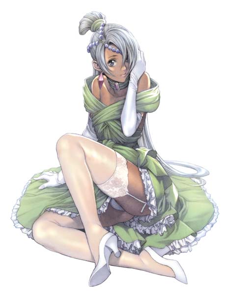 homare (fool's art), laura rolla, loran cehack, gundam, turn a gundam, lace-trimmed legwear, silver hair, 1boy, bare shoulders, choker, crossdressing, crossdressing (mtf), dark-skinned male, dark skin, dress, elbow gloves, full body, garter straps, gloves, hair over one eye, high heels, lace, lace trim, male focus, panties, pantyshot, shoes, simple background, sitting, solo, thighhighs, trap, underwear, white background, white panties, white thighhighs, zettai ryouiki