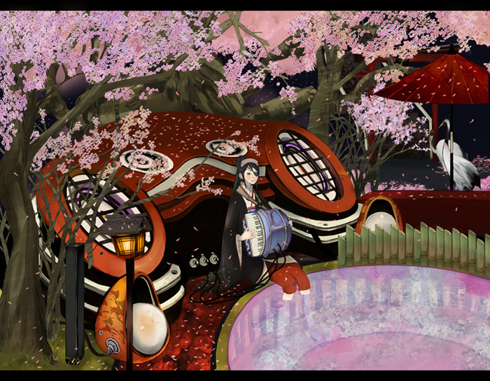 shigureteki, original, tagme, cherry blossoms, instrument, letterboxed, petals
