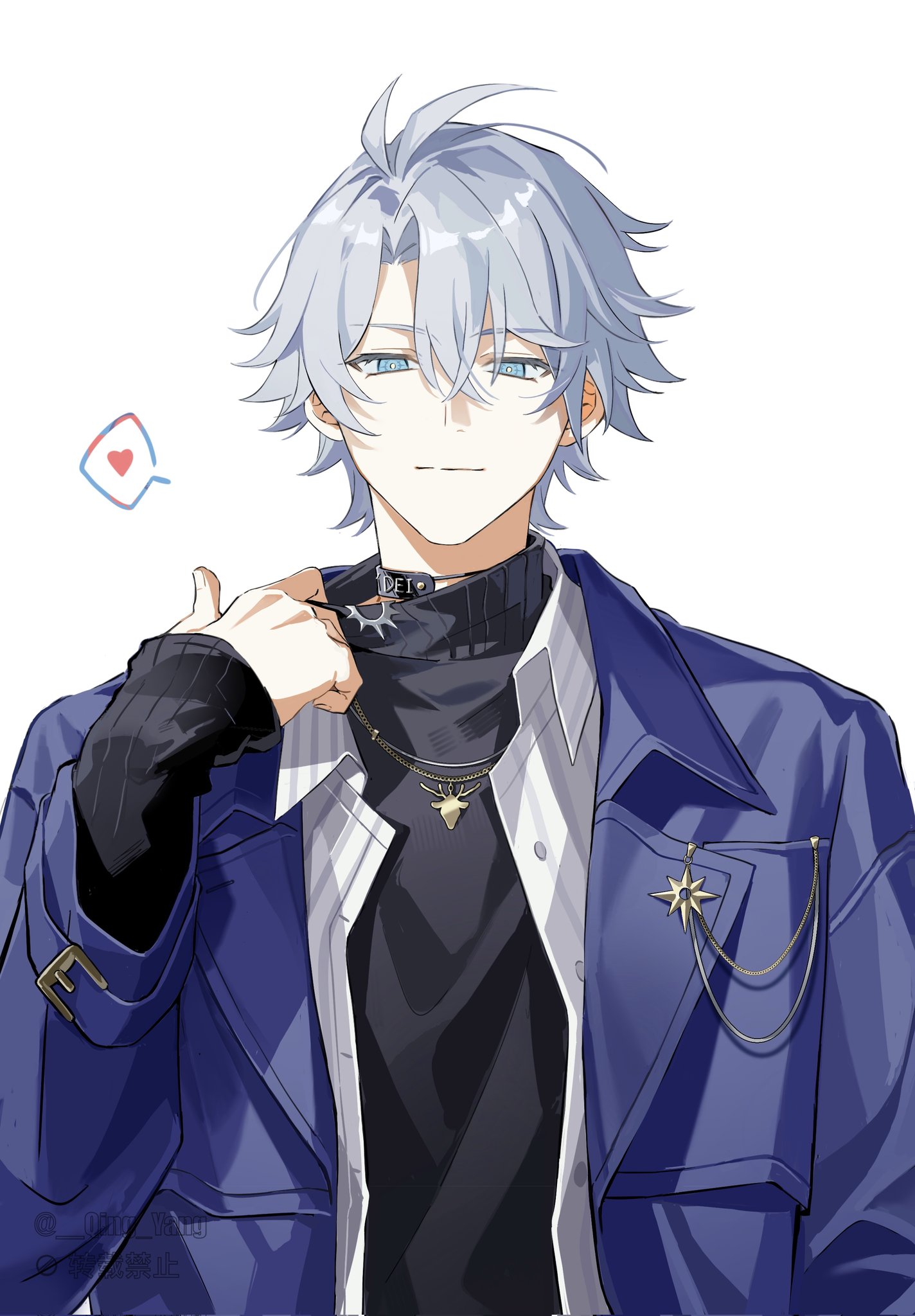 oh qing yang, phainon (honkai: star rail), honkai: star rail, honkai (series), highres, 1boy, alternate costume, antenna hair, blue eyes, buttons, collared shirt, curtained hair, deer necklace, grey hair, heart, high collar, jewelry, light smile, long sleeves, looking at viewer, male focus, necklace, phainon (luckin coffee) (honkai: star rail), pocket, shirt, short hair, simple background, solo, spoken heart, striped clothes, striped shirt, upper body, vertical-striped clothes, vertical-striped shirt, white background