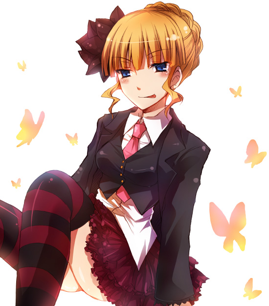 suzushiro kurumi, beatrice (umineko), umineko no naku koro ni, 00s, 1girl, female focus, necktie, pink necktie, solo, striped clothes, striped thighhighs, thighhighs, zettai ryouiki
