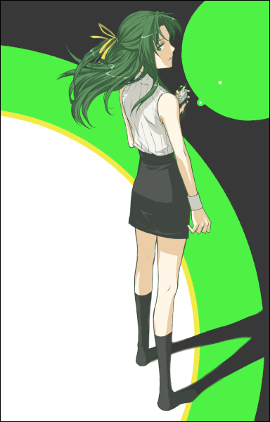 sonozaki shion, higurashi no naku koro ni, 00s, 1girl, electroshock weapon, female focus, green eyes, green hair, half updo, less-than-lethal weapon, matching hair/eyes, miniskirt, pencil skirt, skirt, socks, solo, stun gun, taser