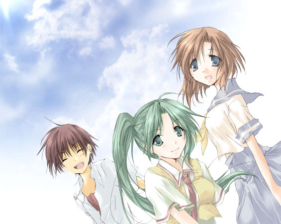 maebara keiichi, ryuuguu rena, sonozaki mion, higurashi no naku koro ni, 00s, 1boy, 2girls, :d, ^ ^, blue eyes, brown hair, closed eyes, green hair, looking at viewer, multiple girls, necktie, open mouth, sailor collar, school uniform, serafuku, short hair, short sleeves, side ponytail, smile, sweater vest