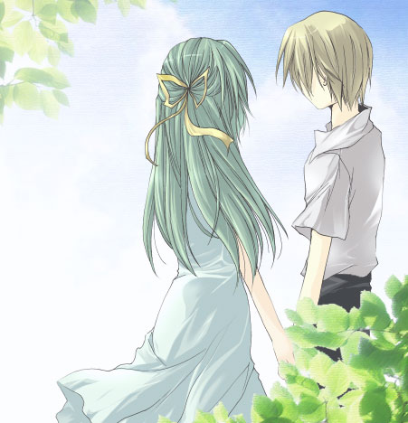 houjou satoshi, sonozaki shion, higurashi no naku koro ni, lowres, 00s, 1boy, 1girl, dress, half updo, hetero, holding hands