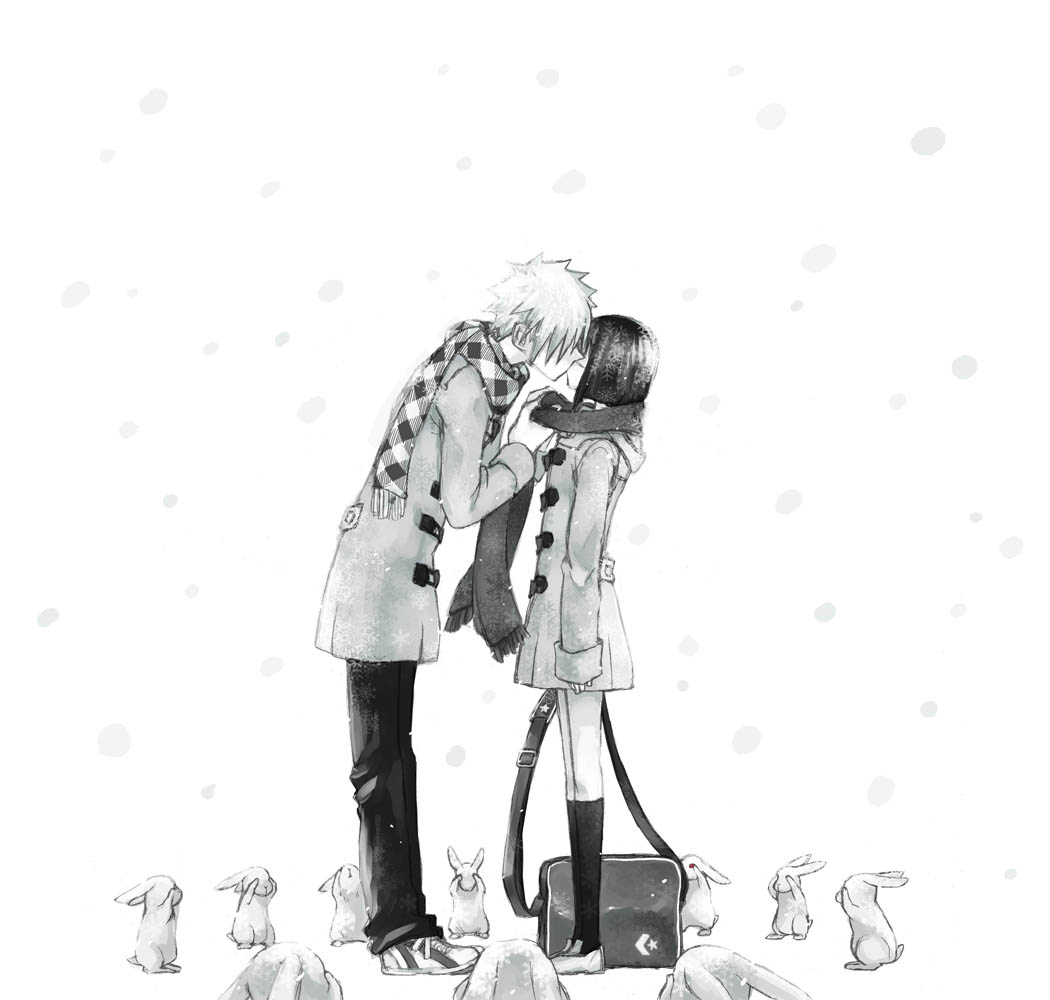 futou ryouko, opaque (artist), nakamura gouta, tsumura tokiko, busou renkin, 00s, 1boy, 1girl, bag, bob cut, coat, couple, covering face, covering own eyes, covering privates, full body, greyscale, hetero, kiss, monochrome, rabbit, scarf, shoes, short hair, snow, snowing, socks, standing