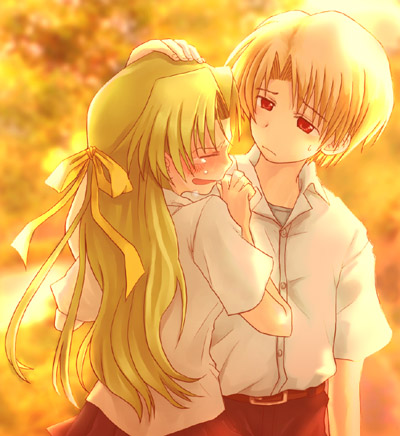 houjou satoshi, maebara keiichi, sonozaki shion, higurashi no naku koro ni, lowres, 00s, 1boy, 1girl, backlighting, belt, blonde hair, brown hair, buckle, closed eyes, crying, hand on another's head, headpat, light rays, long hair, pants, red eyes, shirt, sunlight, tears, white shirt