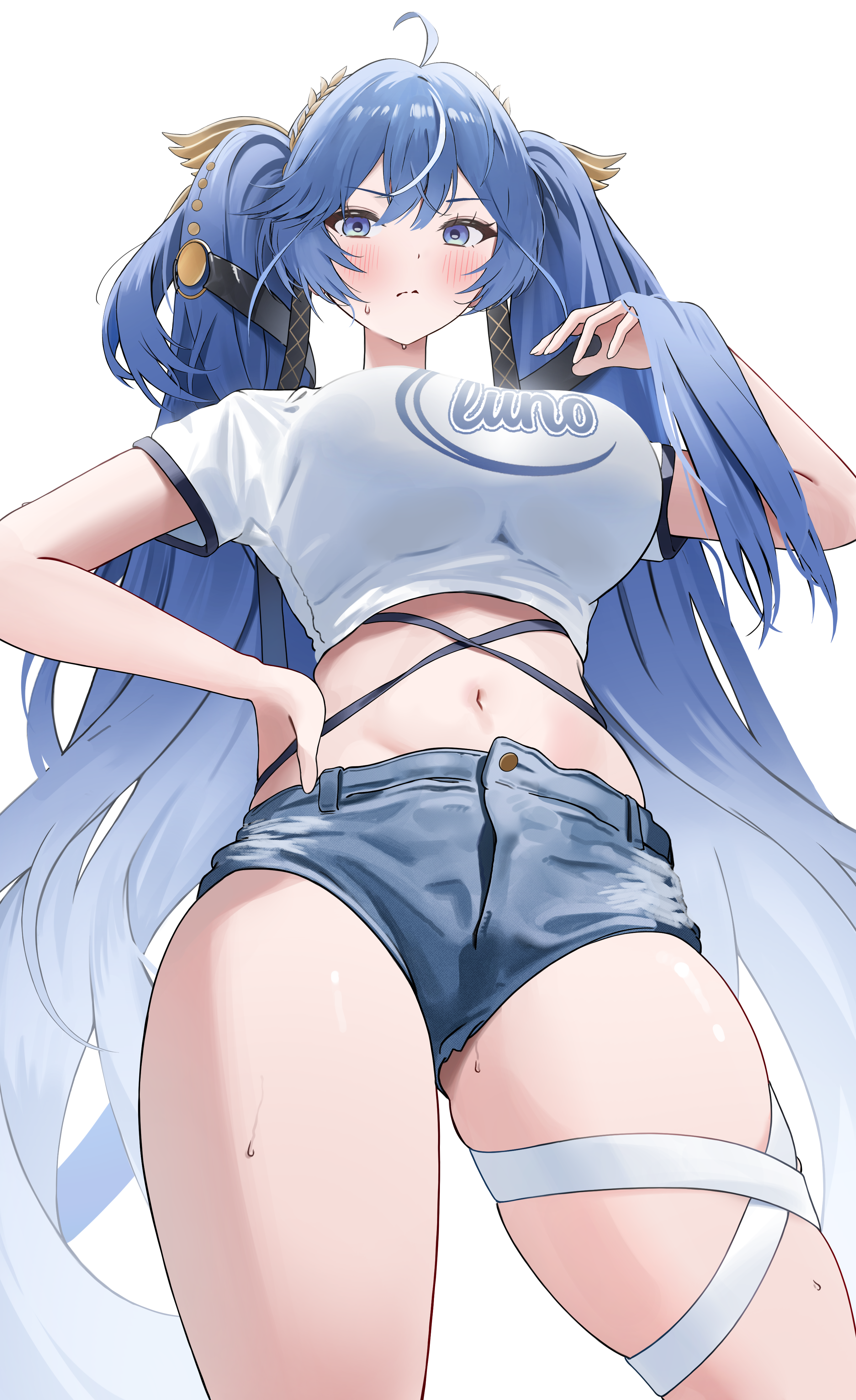 iuno (wuthering waves), wuthering waves, absurdres, commentary, highres, 1girl, ahoge, alternate costume, blue eyes, blue hair, blush, breasts, character name, closed mouth, clothes writing, crop top, cropped shirt, denim, denim shorts, east (east 0o0 ), from below, hair belt, hand on own hip, hand up, head wreath, large breasts, leg wrap, long hair, looking at viewer, looking down, midriff, multicolored hair, navel, shirt, short sleeves, shorts, simple background, solo, stomach, streaked hair, sweat, thighs, twintails, very long hair, white background, white shirt