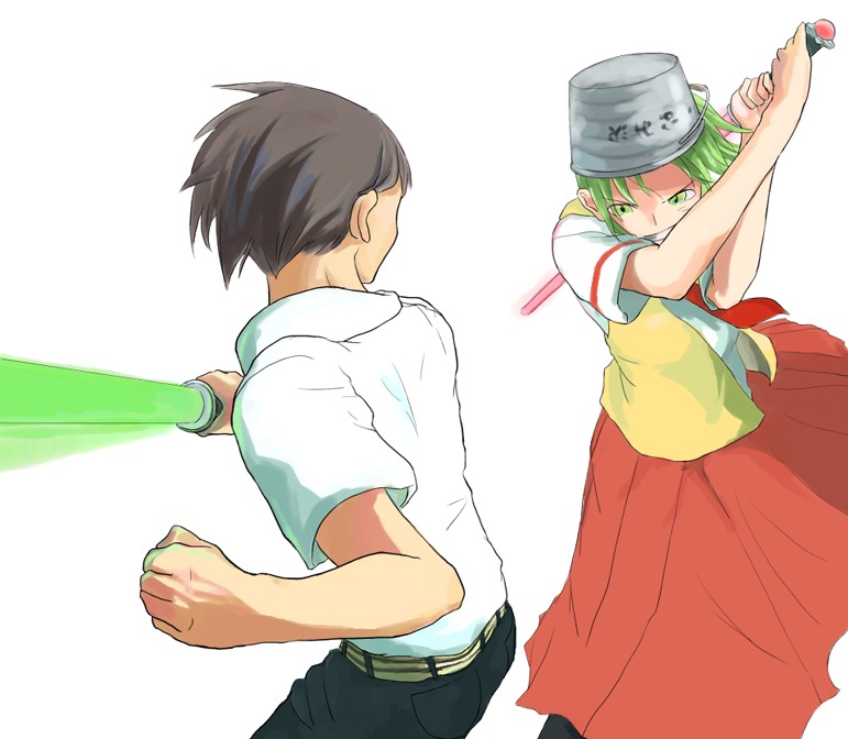 maebara keiichi, sonozaki mion, higurashi no naku koro ni, 00s, 1boy, 1girl, battle, bucket, energy sword, lightsaber, sword, weapon