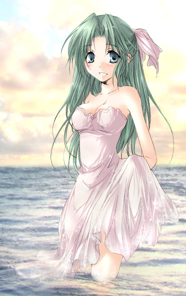 sonozaki shion, higurashi no naku koro ni, 00s, 1girl, dress, female focus, green eyes, green hair, half updo, matching hair/eyes, solo, water
