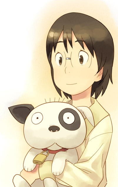 go robots, densuke (dennou coil), okonogi yuuko, dennou coil, 00s, 1girl, animal, brown hair, dog, female focus, glasses, holding, holding animal, solo