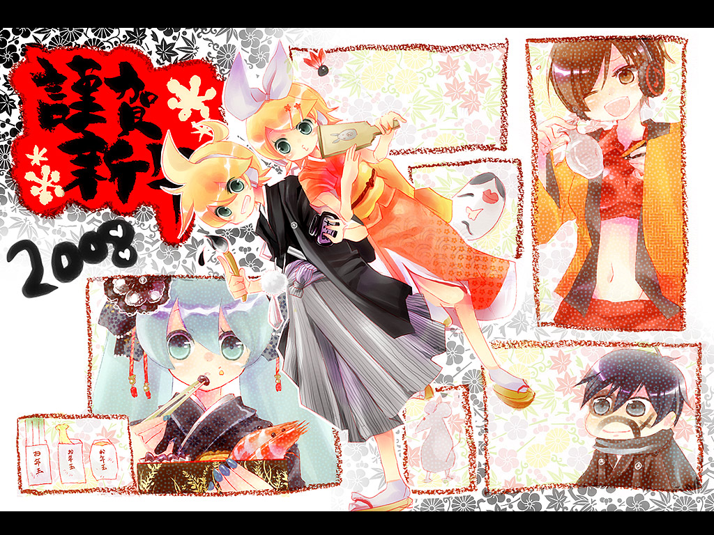 shimeko, hatsune miku, kagamine len, kagamine rin, kaito (vocaloid), meiko (vocaloid), vocaloid, 00s, 2008, 2boys, 3girls, brother and sister, everyone, japanese clothes, multiple boys, multiple girls, new year, shimeshime, siblings, twins