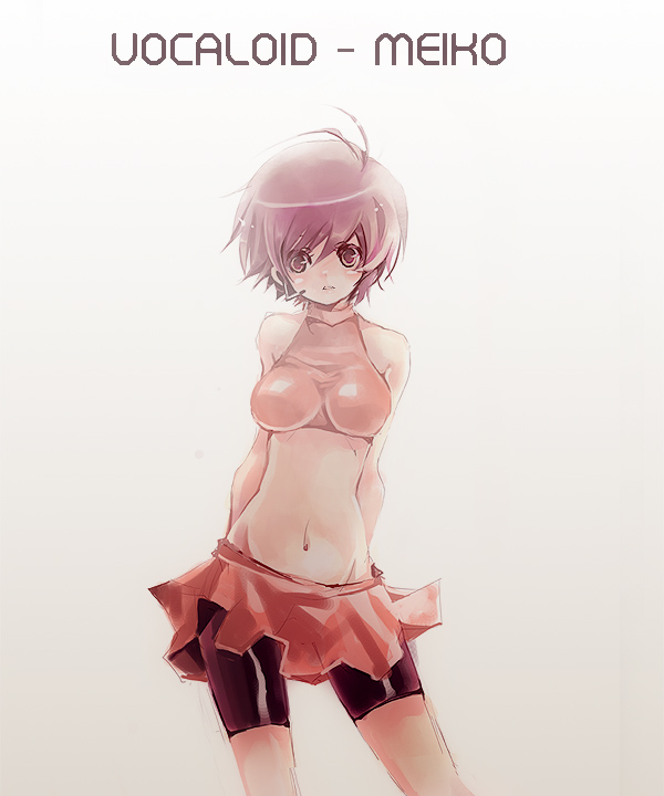 shimeko, meiko (vocaloid), vocaloid, 1girl, bike shorts, breasts, character name, contrapposto, copyright name, female focus, gradient background, latex, looking at viewer, medium breasts, midriff, shimeshime, short hair, skirt, solo, standing