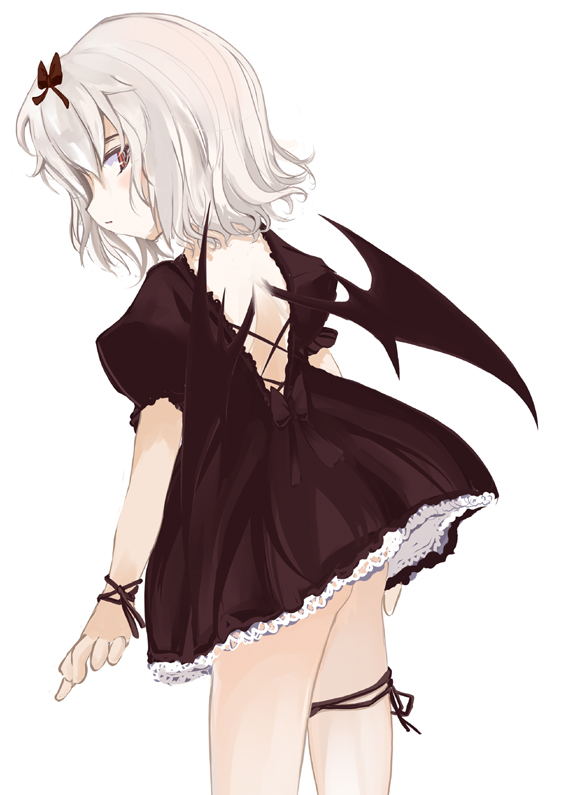 takaharu, remilia scarlet, touhou, 1girl, alternate costume, alternate hair color, bat wings, blonde hair, dress, female focus, gothic lolita, leg ribbon, lolita fashion, looking back, no panties, petticoat, red eyes, ribbon, short hair, solo, thigh ribbon, white background, wings, wrist ribbon