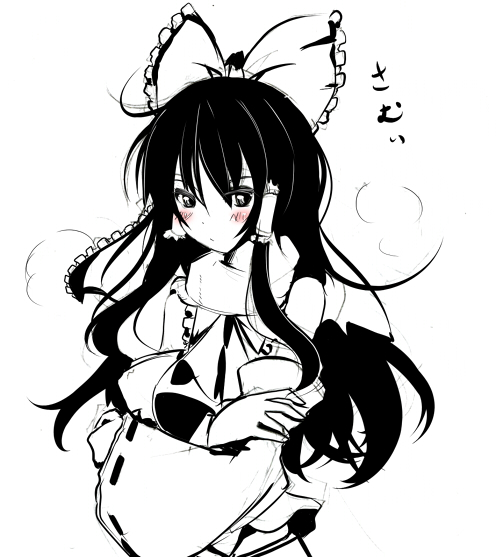 takaharu, hakurei reimu, touhou, 1girl, blush, female focus, greyscale, monochrome, solo, spot color, white background