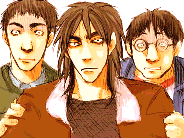 itou kaiji, mamoru andou, takeshi furuhata, kaiji, lowres, 3boys, andou mamoru, brown eyes, brown hair, closed mouth, collar, crazy eyes, expressionless, furuhata takeshi, glasses, jacket, long sleeves, looking at viewer, male focus, multiple boys, rimless eyewear, shirt, simple background, smile, t-shirt, upper body, white background, wide-eyed
