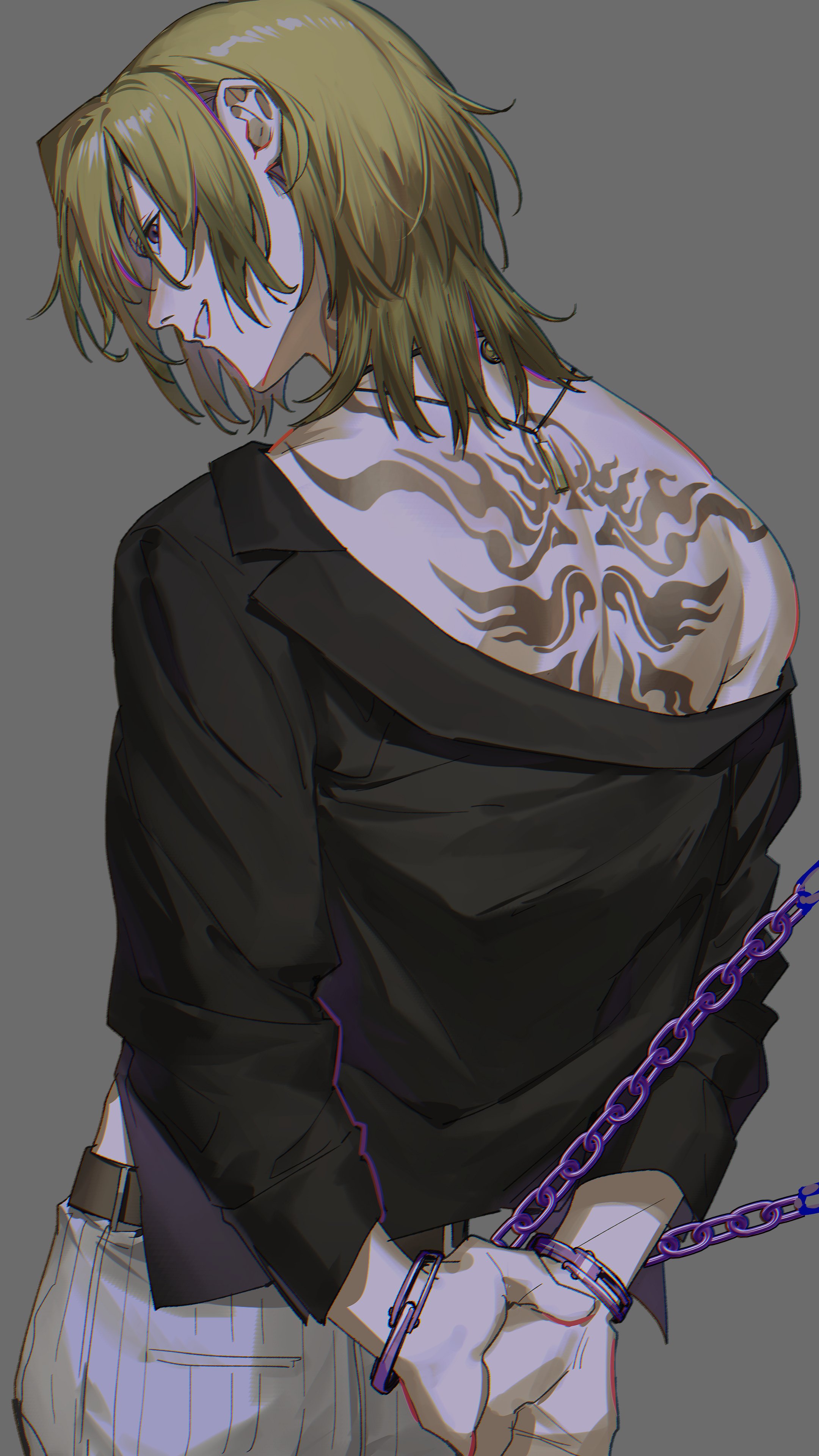 kaohom503, luca kaneshiro, nijisanji, nijisanji en, absurdres, highres, 1boy, arms behind back, back peek, back tattoo, black shirt, blonde hair, bound, bound wrists, chain, cowboy shot, from behind, grey hair, long sleeves, looking at viewer, looking back, male focus, medium hair, shirt, simple background, smile, solo, tattoo, virtual youtuber