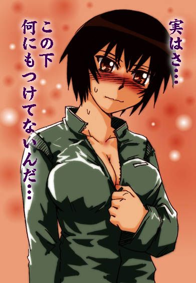 kagura, kagura (azumanga daioh), azumanga daiou, artist request, translated, 1girl, blush, breasts, brown eyes, brown hair, cleavage, female focus, jumpsuit, large breasts, short hair, solo, tomboy, track suit, unzipping