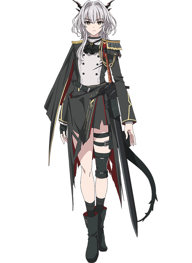 takafuji aya, talulah (arknights), arknights, official art, 1girl, anime coloring, armor, ascot, bandaged leg, bandages, belt, black ascot, black belt, black boots, black cloak, black gloves, black jacket, black skirt, boots, breasts, brown eyes, cloak, dragon girl, dragon horns, dragon tail, fingerless gloves, full body, gloves, grey hair, hair between eyes, hair intakes, holding, holding sword, holding weapon, horns, jacket, knee guards, long sleeves, looking at viewer, multicolored jacket, open hands, scabbard, sheath, short hair, simple background, skirt, small breasts, solo, standing, sword, tachi-e, tail, thigh belt, thigh strap, thighs, transparent background, two-tone jacket, weapon, white jacket, wide sleeves