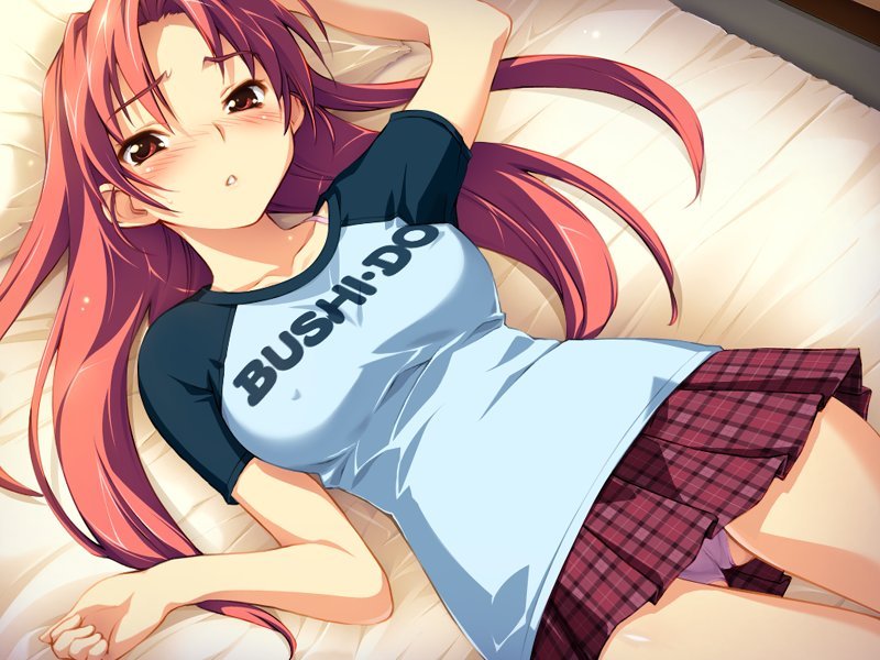 sameda koban, honda shizuru, ai shimai ~docchi ni suruno!!~, game cg, 1girl, bed, blush, breasts, covered erect nipples, female focus, large breasts, long hair, lying, on back, panties, pantyshot, plaid clothes, plaid skirt, purple panties, raglan sleeves, red eyes, red hair, skirt, solo, thigh gap, thighs, underwear, upskirt