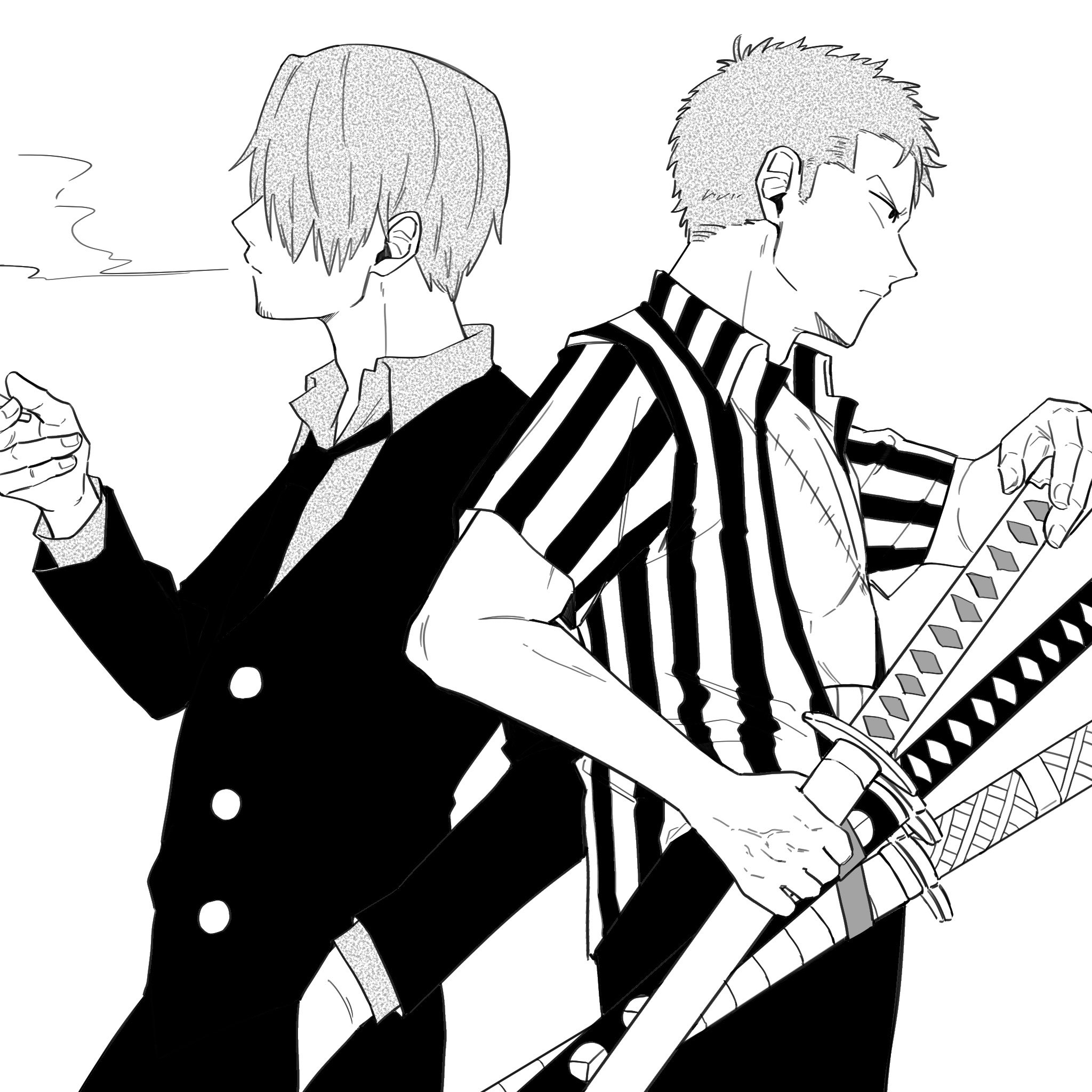 iqracha, roronoa zoro, sanji (one piece), one piece, highres, 2boys, back-to-back, cigarette, collared shirt, greyscale, long sleeves, male focus, monochrome, multiple boys, necktie, shirt, short hair, sideburns, simple background, smoking, stitched face, stitches, striped clothes, striped shirt, sword, veins, veiny hands, weapon