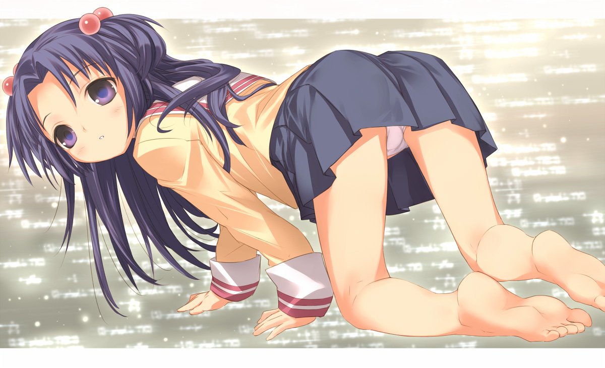 uni (plastic girl), ichinose kotomi, clannad, 00s, 1girl, all fours, ass, barefoot, bent over, feet, female focus, hair bobbles, hair ornament, long hair, panties, pantyshot, purple eyes, school uniform, serafuku, skirt, soles, solo, toes, two side up, underwear, upskirt