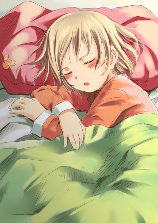 sody, original, 1girl, bed, blanket, blonde hair, blush, closed eyes, female focus, open mouth, pajamas, pillow, sleeping, solo