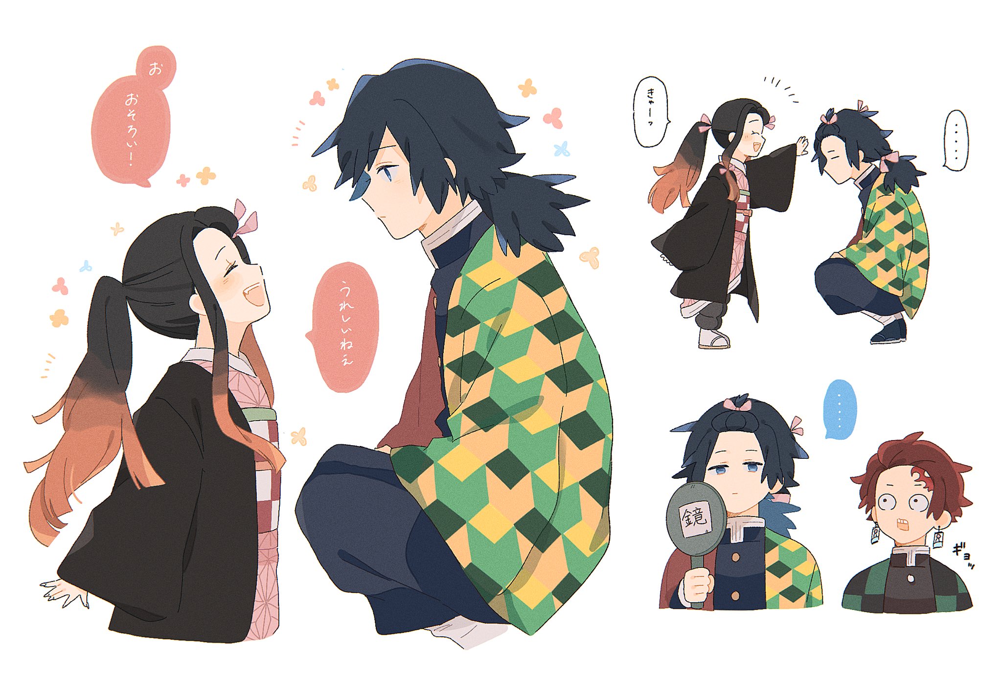 kamado nezuko, kamado tanjirou, tomioka giyuu, kimetsu no yaiba, highres, translation request, …, 1girl, 2boys, alternate hairstyle, black hair, black jacket, blue eyes, brown hair, buttons, closed eyes, demon slayer uniform, empty eyes, full body, haori, holding, holding mirror, jacket, japanese clothes, kikkoumon, looking at another, low ponytail, mirror, multiple boys, o87 426, open mouth, ponytail, print haori, short hair, simple background, smile, speech bubble, spiked hair, spoken ellipsis, squatting, standing, teeth, upper body, upper teeth only, white background