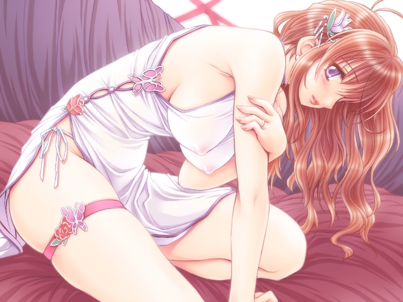 alice no yakata 7, game cg, 1girl, bare shoulders, blush, breasts, brown hair, china dress, chinese clothes, covered erect nipples, dress, female focus, hair ornament, hairpin, hanging breasts, long hair, nipples, purple eyes, see-through clothes, sideboob, solo