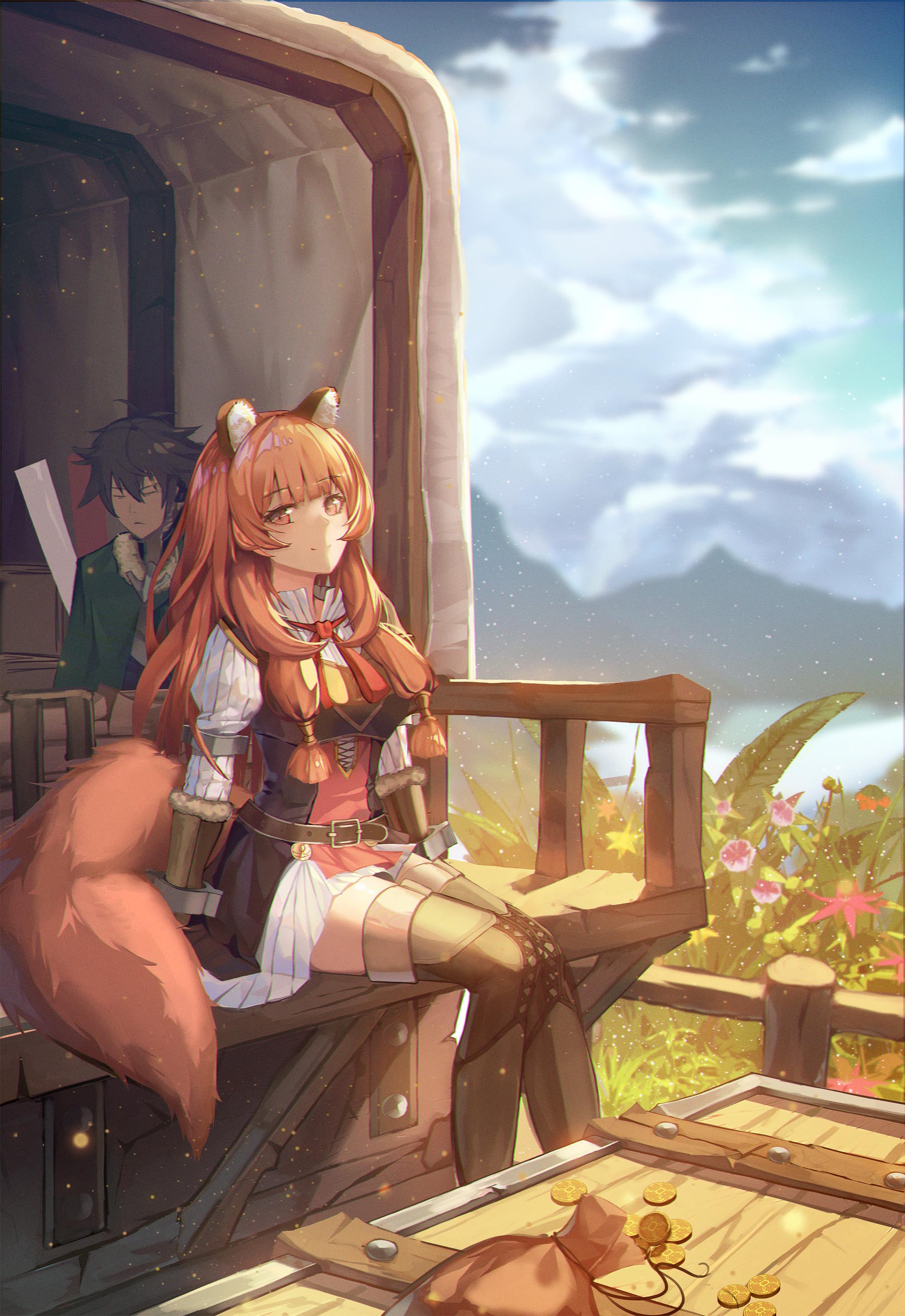 nomen, iwatani naofumi, raphtalia, tate no yuusha no nariagari, absurdres, commentary, highres, 1boy, 1girl, animal ear fluff, animal ears, armor, armored boots, armored gloves, belt, black dress, black hair, blue sky, blunt bangs, boots, breastplate, breasts, brown bag, brown belt, brown boots, brown gloves, brown hair, cart, cloak, closed eyes, closed mouth, cloud, cloudy sky, coin, collared dress, day, dress, elbow gloves, full body, fur-trimmed cloak, fur trim, gloves, gold coin, green cloak, high collar, in cart, layered dress, long hair, long sleeves, looking at viewer, medium breasts, messy hair, metal arm cuffs, metal hair tubes, metal wrist cuffs, mountainous horizon, neck ribbon, outdoors, pink eyes, pinstripe dress, pinstripe pattern, pouch, raccoon ears, raccoon girl, raccoon tail, red dress, red ribbon, ribbon, short dress, short hair, sitting, sky, sleeping, sleeveless, sleeveless dress, smile, solo focus, straight hair, tail, thigh boots, thighhighs, two-tone dress, white dress, zettai ryouiki