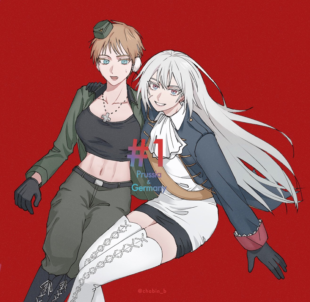 axis powers hetalia, highres, 2girls, ascot, black gloves, blonde hair, blue eyes, boots, chabin b, crop top, facial scar, feet out of frame, genderswap, genderswap (mtf), germany (female) (hetalia), gloves, hat, jacket, jewelry, knee boots, long hair, looking at viewer, military jacket, military uniform, mini hat, miniskirt, multiple girls, navel, necklace, open clothes, open jacket, open mouth, pants, prussia (female) (hetalia), purple eyes, red background, scar, scar on cheek, scar on face, shirt, short hair, siblings, simple background, sisters, skirt, smile, sweatdrop, thigh boots, white ascot, white hair