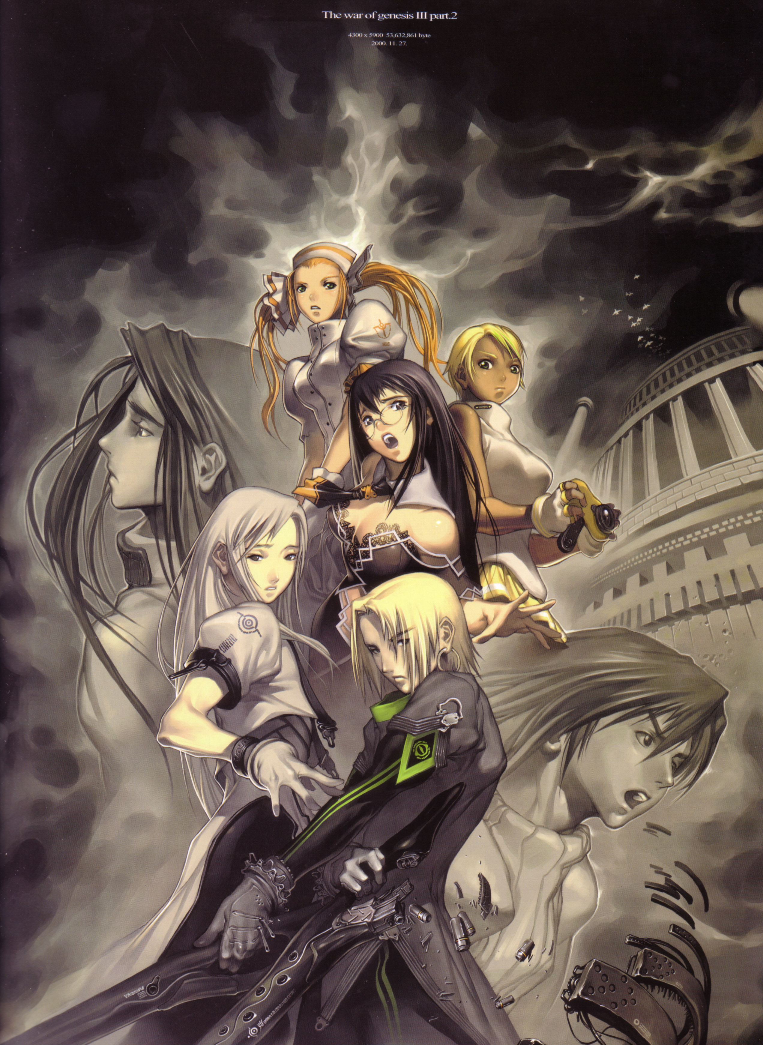 kim hyung tae, beramode, demian von prios, embla, joan kartright, rucien grey, saladin, oxide, the war of genesis, the war of genesis iii, silver hair, absurdres, highres, official art, scan, androgynous, black hair, blonde hair, breasts, cleavage, dark skin, earrings, everyone, fingerless gloves, frown, glasses, gloves, hair ribbon, hat, hoop earrings, jewelry, long hair, looking back, necktie, off shoulder, open mouth, orange hair, outstretched hand, ribbon, short hair, skirt, sky, sleeveless, sleeveless turtleneck, sword, trench coat, turtleneck, very long hair, weapon